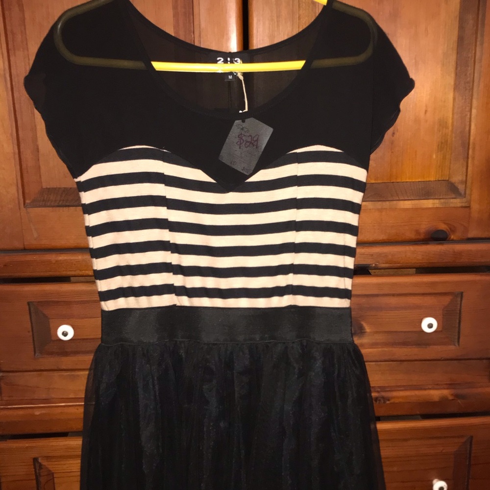 Black & beige striped tulle dress